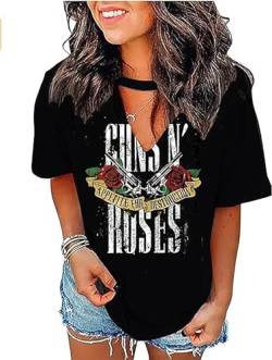 Guns N' Roses Shir Damen Vintage Country Music T-Shirt Lustiges Totenkopf Grafik Tee Sexy V-Ausschnitt Rocker Party Shirt Top, Schwarz, Mittel von Yuaelria