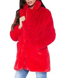 YuanDian Damen Kunstfell Mantel Midi Lange Loose Fit Weich Langarm Casual Warm Einfarbig Revers Kunstpelz Jacke Frauen übergang Fellimitat Outerwear Rot XL von YuanDiann