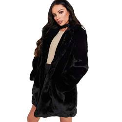 YuanDian Damen Kunstfell Mantel Midi Lange Loose Fit Weich Langarm Casual Warm Einfarbig Revers Kunstpelz Jacke Frauen übergang Fellimitat Outerwear Schwarz M von YuanDiann