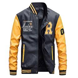 YuanDian Herren Kunstleder Baseball College Jacke Herbst Winter Casual Stehkragen Stickerei Vintage Bomber Piloten Jacke Mäntel Fliegerjacke übergangsjacke Blouson Lederimitat Gelb + schwarz 4XL von YuanDiann