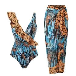 YuanDiann 2023 Damen Einteiler Bikini + Abdeckung Zweiteiliger Retro Ethnischer Druck V-Ausschnitt Hohe Taille Monokini Bademode Schwimmanzug 9# L von YuanDiann