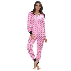 YuanDiann Damen Einteiler Pyjama Bedruckt Weich Bequem Nachtwäsche Onesie Schlafoverall Thermo Unterwäsche Basisschicht Schlafanzug Cherry S von YuanDiann