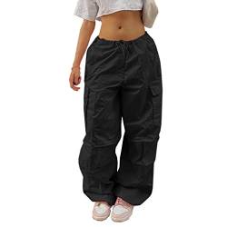 YuanDiann Damen Große Größe Cargohose Baggy Weitem Bein Hose Hoher Taille Casual Frauen Y2K Retro 90er Jahre Streetwear Multi-Tasche Cargo Hosen Schwarz L von YuanDiann