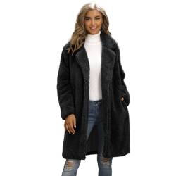 YuanDiann Damen Kunstpelzmantel Midi Langes Revers Herbst Winter Weich Warm Kunstfell Trench Jacke Frauen Kunstpelz Outerwear Parka Schwarz XXL von YuanDiann