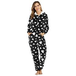 YuanDiann Damen Onesie Pyjamas, Niedliche Liebe Herz Druck Weiche warme Flanell Lange Ärmel Einteiler Schlafanzug mit Kapuze Nachtwäsche Jumpsuit Bequeme Schlafoverall Schwarz L von YuanDiann