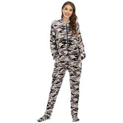 YuanDiann Damen Onesie Pyjamas mit Füssen, Tarnung Drucken Weiche Warm Flanell Lange Ärmel Niedliche Einteiler Schlafanzug mit Kapuze Schlafoverall Kuschelige Schlaf Jumpsuit Graue Tarnfarbe L von YuanDiann