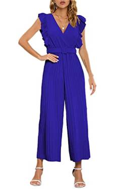 YuanDiann Damen Sommer Jumpsuit Elegant Rüschen V-Ausschnitt Falten Weites Bein Overall Ärmellos Causal Party Hosenanzug Playsuit Hosenanzug Playsuit Romper Mit Gürtel Blau M von YuanDiann