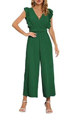 YuanDiann Damen Sommer Jumpsuit Elegant Rüschen V-Ausschnitt Falten Weites Bein Overall Ärmellos Causal Party Hosenanzug Playsuit Hosenanzug Playsuit Romper Mit Gürtel Grün XL von YuanDiann