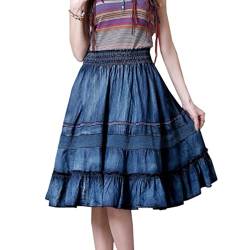 YuanDiann Damen Vintage Jeansrock, Spitze Spleißen Midi Faltenrock, A Linie Swing Elastische Taille Sommer Casual Eleganter Knielang Denim Rock Blau L von YuanDiann