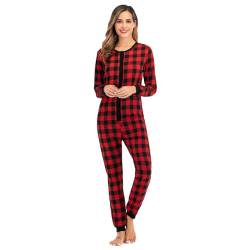 YuanDiann Damen Weihnachts Onesie Pyjama Karierter Drucken Weiche Bequeme Nachtwäsche Einteiler Flanell Schlafanzug Schlafoverall ohne Kapuze Red L von YuanDiann