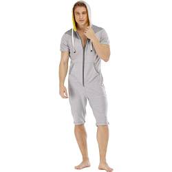 YuanDiann Herren Kurz Jumpsuit Onesie Sommer Overall Pyjama Hoodie Jogginghose Männer T-Shirt Kurze Hose Schlafanzug Einteiler Sommerjumpsuit Schlafoverall Nachtwäsche 2#Dunkelgrau + Hellgrau S von YuanDiann