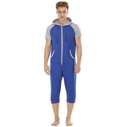 YuanDiann Herren Kurz Jumpsuit Onesie Sommer Overall Pyjama Hoodie Jogginghose Männer T-Shirt Kurze Hose Schlafanzug Einteiler Sommerjumpsuit Schlafoverall Nachtwäsche Blau + Grau XL von YuanDiann