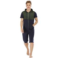 YuanDiann Herren Kurz Jumpsuit Onesie Sommer Overall Pyjama Hoodie Jogginghose Männer T-Shirt Kurze Hose Schlafanzug Einteiler Sommerjumpsuit Schlafoverall Nachtwäsche Grün + Blau XL von YuanDiann