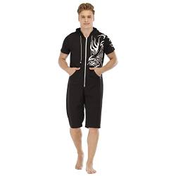 YuanDiann Herren Kurz Jumpsuit Onesie Sommer Overall Pyjama Hoodie Jogginghose Männer T-Shirt Kurze Hose Schlafanzug Einteiler Sommerjumpsuit Schlafoverall Nachtwäsche Schwarz + Totem XXL von YuanDiann