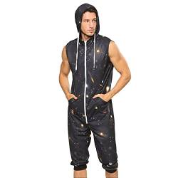 YuanDiann Herren Kurz Jumpsuit Onesie Sommer Overall Pyjama Hoodie Jogginghose Männer T-Shirt Kurze Hose Schlafanzug Einteiler Sommerjumpsuit Schlafoverall Nachtwäsche Sternenklarer Himmel L von YuanDiann