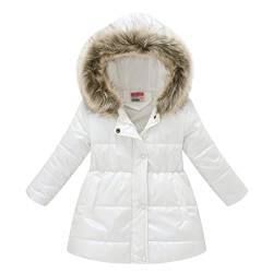 YuanDiann Mädchen Wintermantel Winter Glänzende Steppjacke Kinder Daunenjacke mit Kunstfell Hoodie Outerwear Weiß 140 von YuanDiann