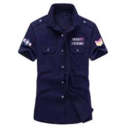 Yuandian Herren Sommer Große Größen Armee-Stil Freizeithemd 100% Baumwolle Button Down Kurzarm Shirts Slim Fit Pilotenhemd Militär Stickerei Hemden Königsblau 4XL von YuanDiann