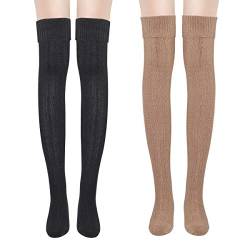 Yuccer 2 Paar Overknees Strümpfe Damen Mädchen Kniestrümpfe Damen Winter Baumwolle Thigh High Socks Warme Lange Socken Stockings Weihnachts Geschenke Frauen (Schwarz + Khaki) von Yuccer