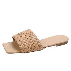 Yuchen Sommersandalen Damen mode flache Sandalen Leder glatte Sandalen offene Zehensandalen (Khaki, numeric_40) von Yuchen
