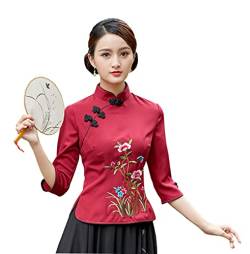 YueLian Mandarinenkragen Chinesisches Tang Shirt Blossom Qipao Tops 3/4 Ärmel Traditionelle Bluse Damen Gr. 42, rot von Yue Lian