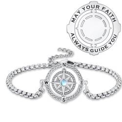YueYuan Kompass-Armband für Damen, 925er-Sterlingsilber Inspirierendes Nautisches Kompass-Armband Kristall-Mondstein-Kompass mit doppelter Gliederkette, 9 Zoll (A3-Mondstein) von YueYuan