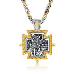 YueYuan Saint Michael Halskette für Männer 925 Sterling Silber Kreuz Anhänger religiöser Schmuck, christliche Geschenke, 22 "+ 2" Edelstahl Gold Stahl Farbe Twist Kette von YueYuan