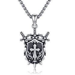 YueYuan Schwert Schild Anhänger für Herren 925 Sterling Silber Orthodoxe Kreuz Halskette Religiöser Schmuck Vintage Schmuck für Birthday Anniversary von YueYuan