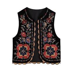 Bestickte Blumenweste für Damen, Y2K, ärmellos, vorne offen, bauchfreies Top, Vintage, Boho, Häkelwesten, Strickjacke, Bluse, B Velvet Red Floral Black, Klein von Yuemengxuan