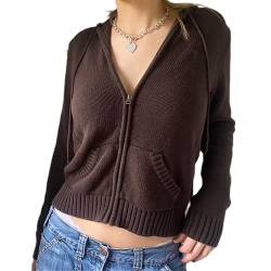 Yuemengxuan Y2k Damen Kapuzenpullover mit Reißverschluss und langen Ärmeln, gestrickt, Sweatshirt der 90er-Jahre, einfarbig, bauchfrei, Jacke, Streetwear, Braun, M von Yuemengxuan