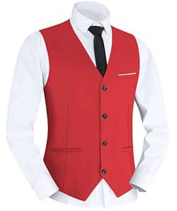 Yukirtiq Herren Anzugweste Slim fit V-Ausschnitt Ärmellose Gilet Business Hochzeit Anzug Westen Formale Klassische Herrenwesten mit 5 Knöpfen (Rot, XS) von Yukirtiq