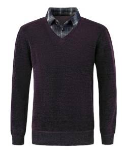 Yukirtiq Herren Chenille Strickwaren Feinstrick Pullover 2 in 1 Hemd Kragen Strickpullover mit Hemdkragen Mock Hemd Einsatz für Männer, Violett, S von Yukirtiq