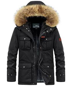 Yukirtiq Herren Mantel Winterparka mit Viele Taschen Lang Wintermantel Gefütterte Parka Jacke mit Kunstfell Kapuze Steppjacke Parkajacke mit Kunstfellkragen von Yukirtiq