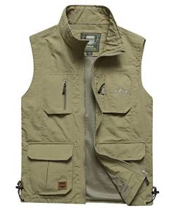 Yukirtiq Herren Outdoor Anglerweste mit Vielen Taschen Leicht Safari Weste Multifunktionsweste Atmungsaktiv Nylon Stehkragen Angeln Weste für Jagd Camping Fotografie Wandern, B-Khaki, L von Yukirtiq