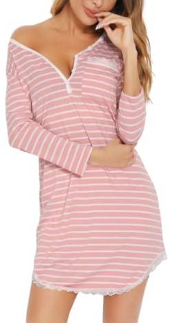 Damen 3/4 Arm Spitze Nachthemd Gestreift Baumwolle Nachtwäsche mit Knopfleiste Elegant Henley Schlafshirt von Yukiuiny