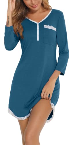 Damen Nachthemd 3/4 Arm Spitze Nachtkleid Weich Baumwolle Nachtwäsche Elegant Henley Schlafshirt von Yukiuiny