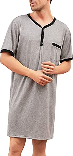 Herren Nachthemd Kurzärmlig Pyjamaoberteil Baumwolle Lufitg Rundhals Sleepshirt mit Brusttasche für Krankenhaus Grau,3XL von Yukiuiny