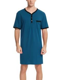 Herren Nachthemd Kurzarm Baumwolle Henley Kragen Jersey Pyjama Oberteil Leicht Luftig Sommer Sleepshirt für Krankenhaus Blau,3XL von Yukiuiny