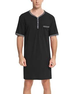 Herren Nachthemd Kurzarm Baumwolle Henley Kragen Jersey Pyjama Oberteil Leicht Luftig Sommer Sleepshirt für Krankenhaus Schwarz,M von Yukiuiny