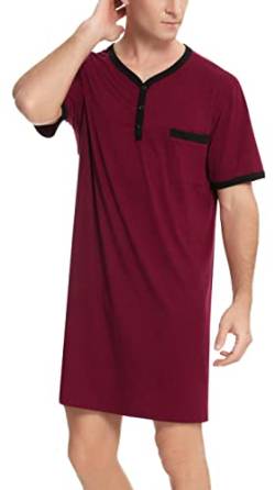 Herren Nachthemd Kurzarm Baumwolle Henley Kragen Jersey Pyjama Oberteil Leicht Luftig Sommer Sleepshirt für Krankenhaus Weinrot,M von Yukiuiny