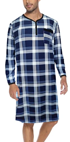 Herren Nachthemd Langarm Baumwolle Karietes Knielang Schalfshirt Leicht Henley Pyjamaoberteil mit 3 Knöpfe Navyblau,XXL von Yukiuiny