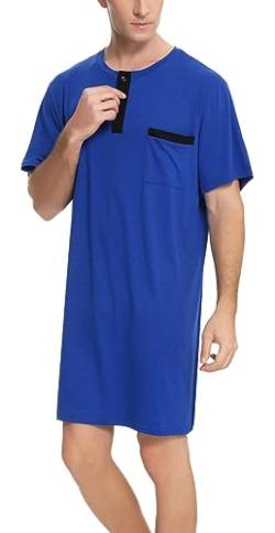 Herren Nachthemd Langarm Baumwolle Knielang Schalfshirt Leicht Luftig Pyjamaoberteil Jersey Nachtwäsche mit 3 Knöpfe Blau,M von Yukiuiny