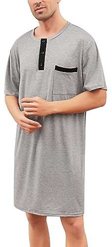 Herren Nachthemd Langarm Baumwolle Rundhals Oversized Schlafshirt Luftig Knielang Pyjamaoberteil für Zuhause Krankenhaus Grau,3XL von Yukiuiny