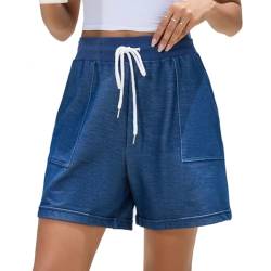 Yukiuiny Damen Baumwolle Shorts Gummibund Lässige Kurze Hose mit Kordelzug Lockere Luftige Freizeitshorts Sportshorts Jeansblau,S von Yukiuiny