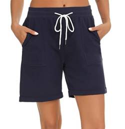 Yukiuiny Damen Bermuda Shorts 100% Baumwolle Sommer Sweatshorts Sportshorts mit Aufschlag Tasche Casual Locker Kurze Hose für Sport Freizeit Navyblau,M von Yukiuiny