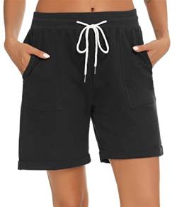 Yukiuiny Damen Bermuda Shorts 100% Baumwolle Sommer Sweatshorts Sportshorts mit Aufschlag Tasche Casual Locker Kurze Hose für Sport Freizeit Schwarz,XXL von Yukiuiny