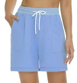 Yukiuiny Damen Bermuda-Shorts Sweatshorts 100% Baumwolle Kurze Sporthose mit Elastischem Bund Taschen Leicht Luftig Sommershorts für Sport Urlaub Hellblau,S von Yukiuiny