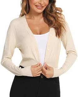 Yukiuiny Damen Bolero Kurze Strickjacke Langarm Cardigan Elegante Weiche Retro V Ausschnitt Jacke zum Kleid Top,Beige,S von Yukiuiny