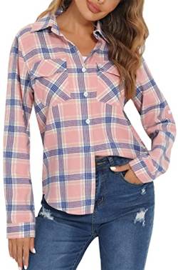 Yukiuiny Damen Kariertes Hemd Baumwolle Langarm Holzfällerhemd Flanell Westernbluse Button-down Karobluse für Oktoberfest,Rosa-blau,S von Yukiuiny