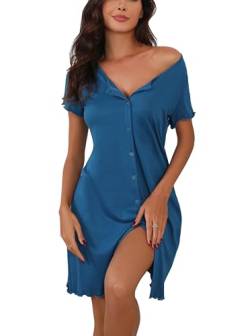 Yukiuiny Damen Kurzarm Nachthemd Baumwolle U Ausschnitt Jersey Still Nachthemd Weich Luftig Nachtwäsche für Sommer Blau, L von Yukiuiny