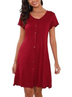 Yukiuiny Damen Kurzarm Nachthemd Baumwolle U Ausschnitt Jersey Still Nachthemd Weich Luftig Nachtwäsche für Sommer Bordeaux, XL von Yukiuiny